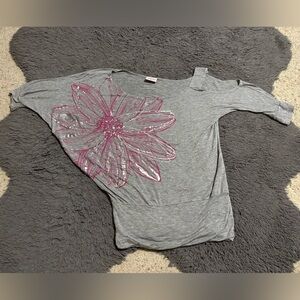 Pretty Good Gray Off the Shoulder Shirt with Pink Floral Design